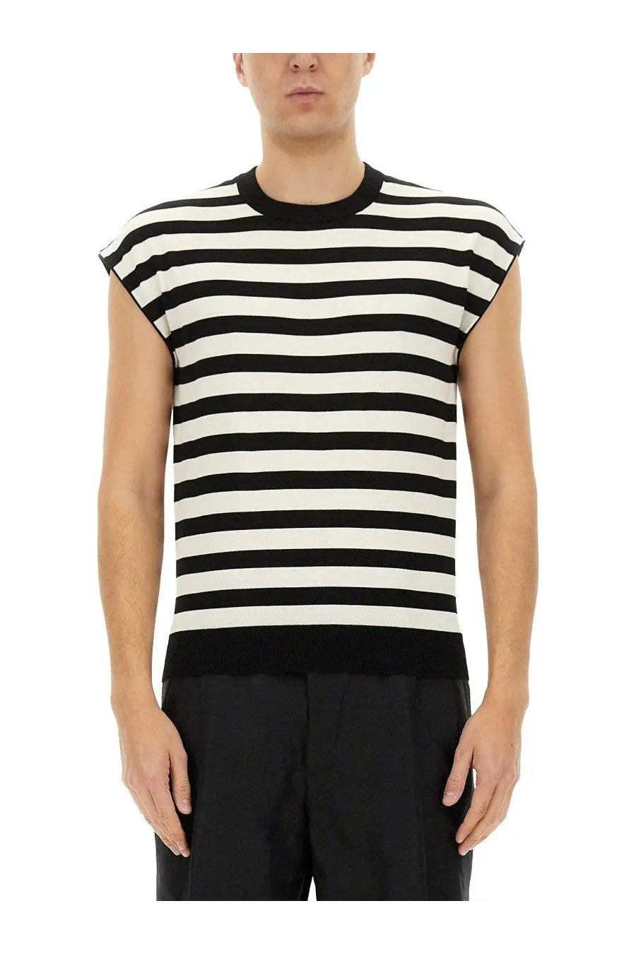 Dolce &amp; gabbana men’s kimono shirt in black and white striped sleeveless knit with ribbed crew neckline