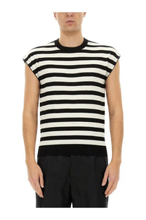Dolce &amp; gabbana men’s kimono shirt in black and white striped sleeveless knit with ribbed crew neckline