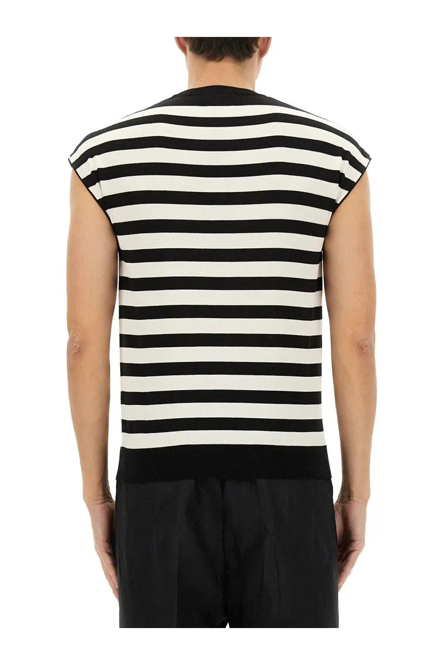 Dolce &amp; gabbana men’s kimono shirt multicolor shown with a black and white horizontally striped sleeveless knit top
