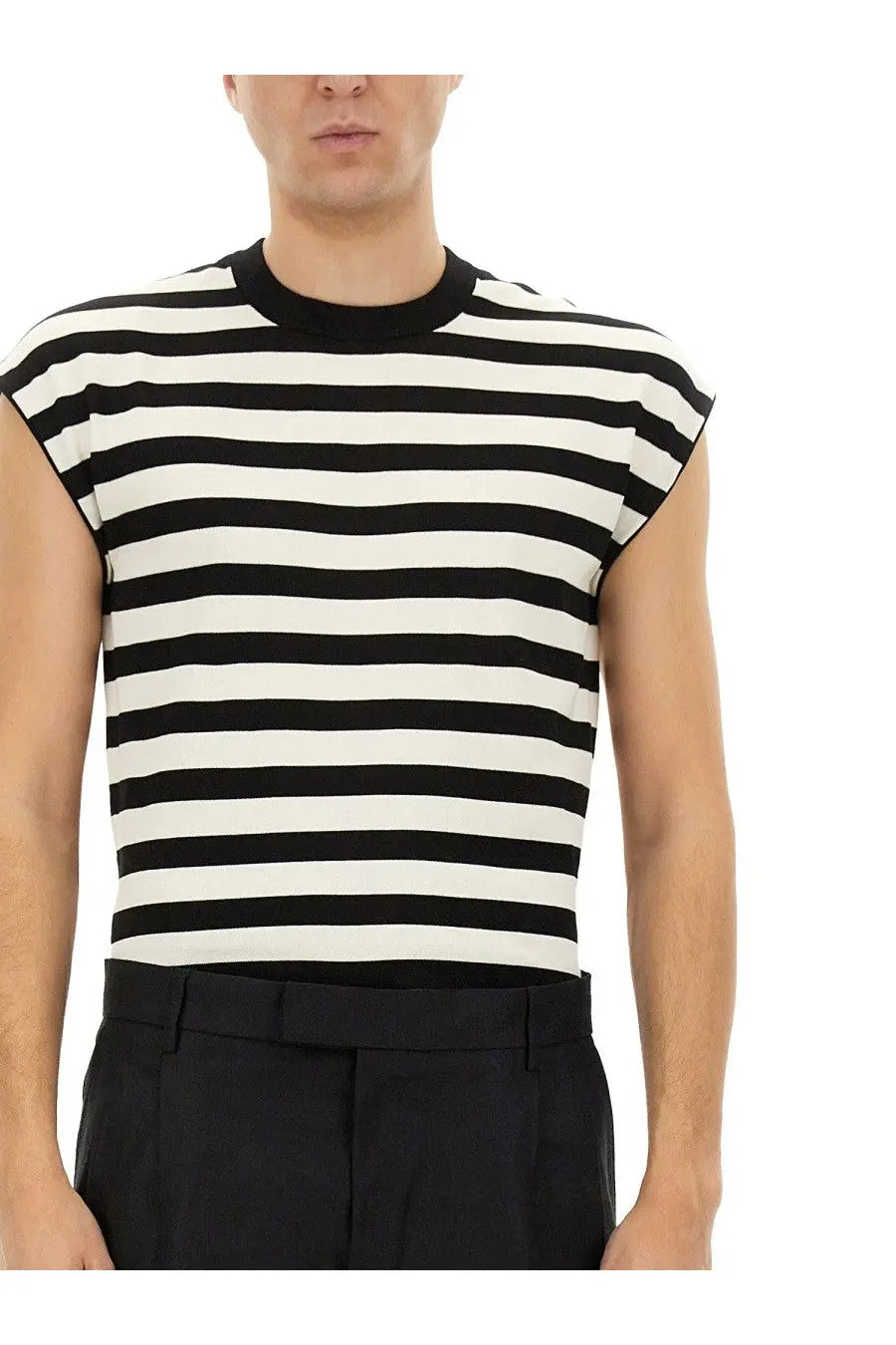 Dolce &amp; gabbana men’s kimono shirt featuring a black and white striped sleeveless knit top with round neckline
