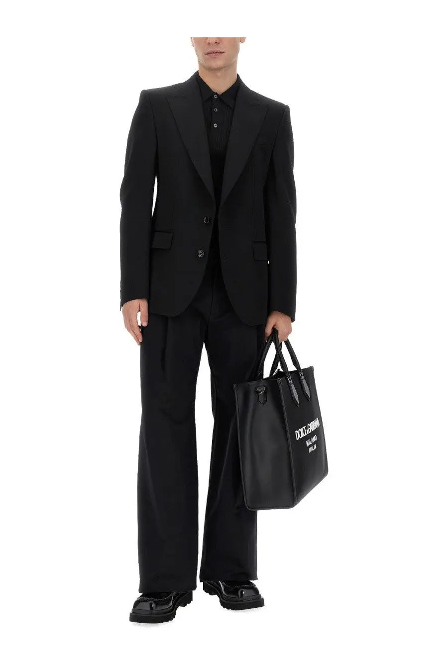 Black leather Dolce &amp; Gabbana men’s large shopping tote bag with white logo and silver hardware