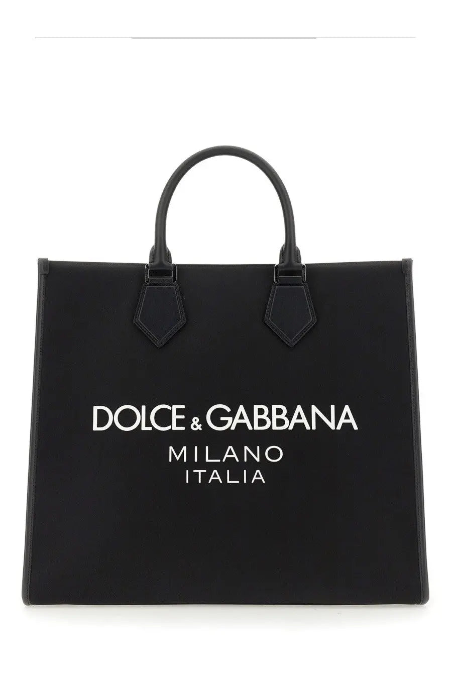 Dolce &amp; Gabbana men’s large black leather tote bag with structured design and contrasting white Milano Italia logo
