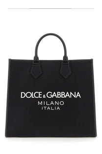 Dolce &amp; Gabbana men’s large black leather tote bag with structured design and contrasting white Milano Italia logo