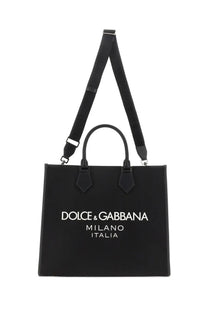 Dolce &amp; Gabbana men’s large black tote bag with white logo and matching black handles for shopping use