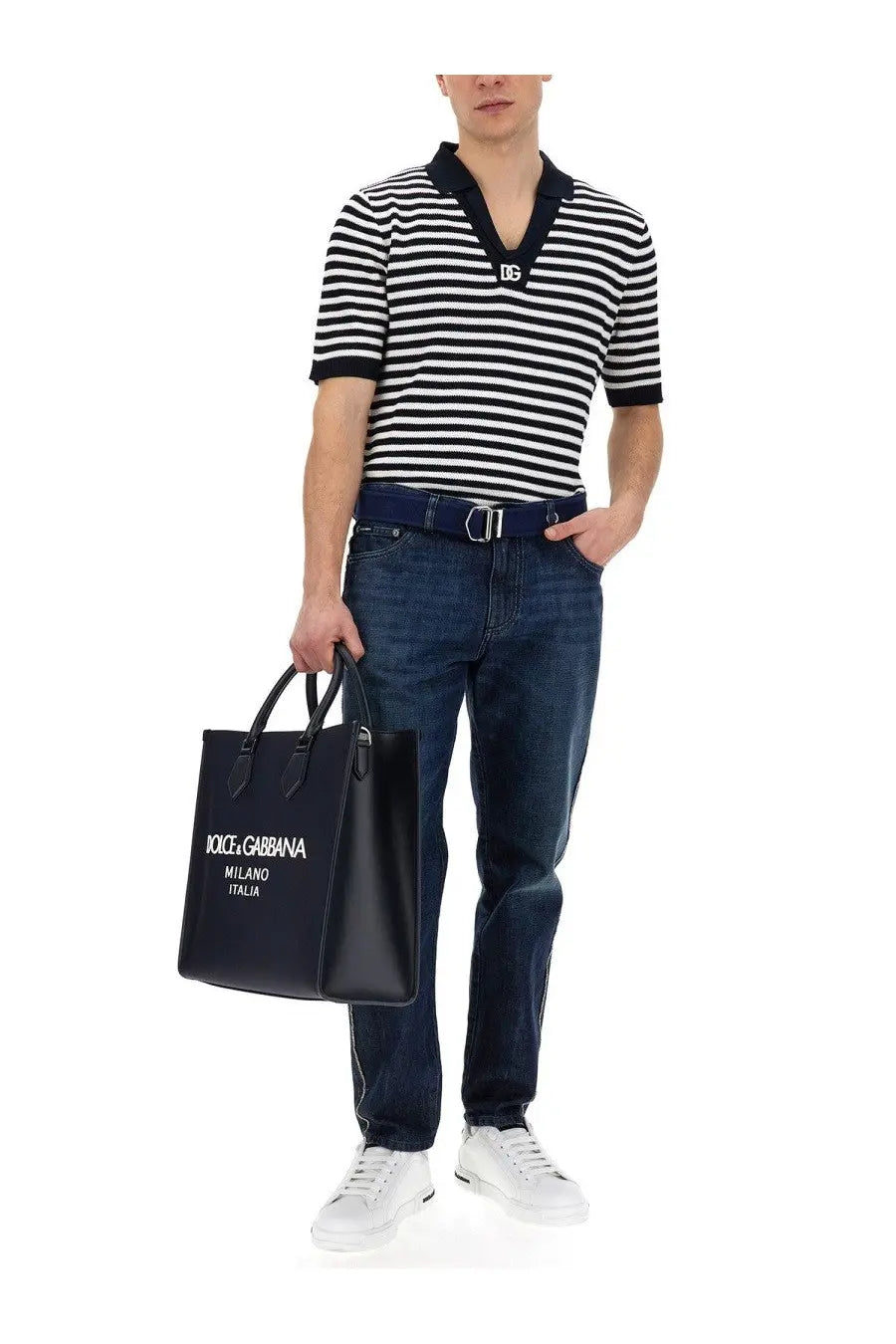 Black leather Dolce &amp; Gabbana men’s large shopping tote bag with white Milano Italia lettering