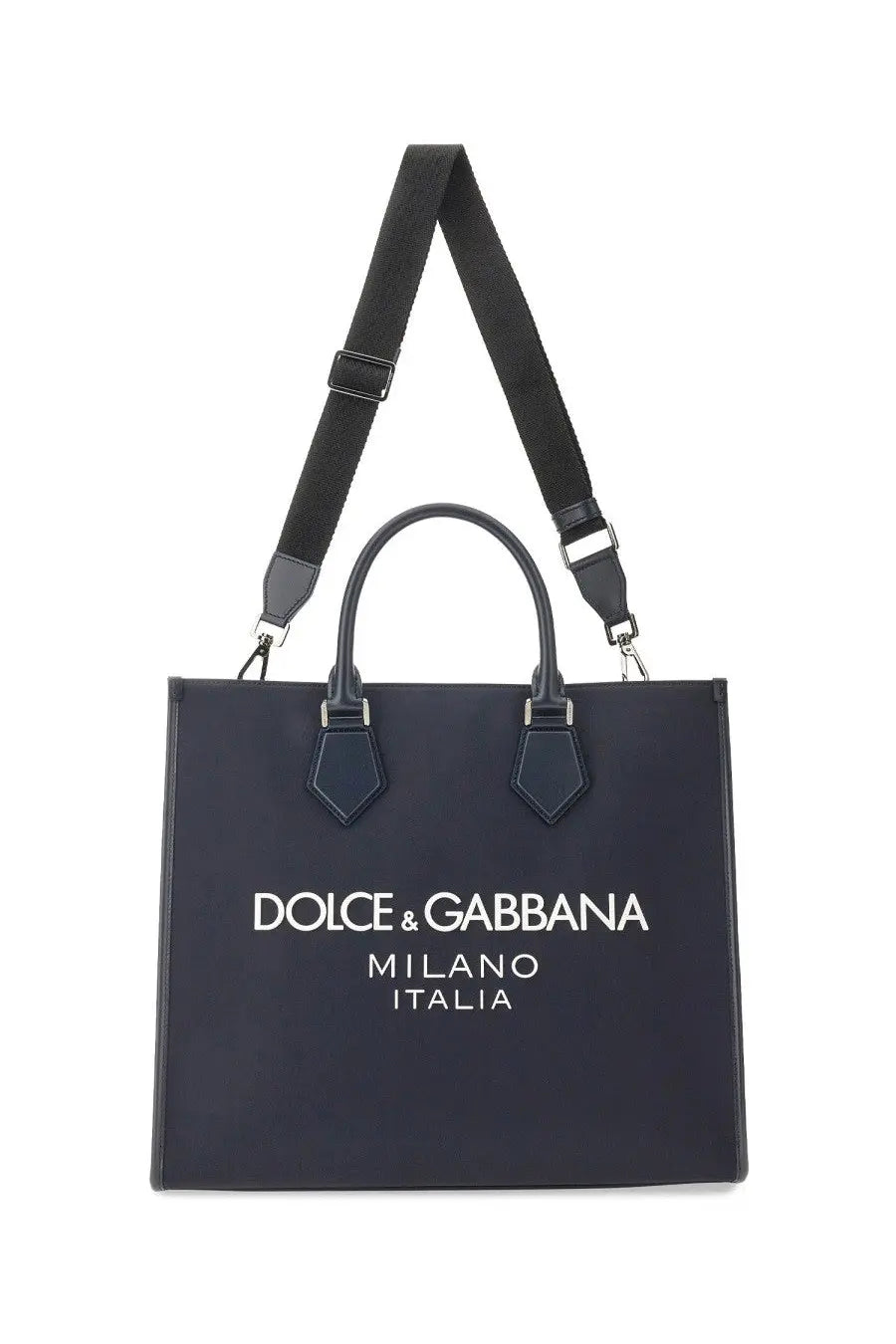 Dolce &amp; Gabbana men’s large black tote bag with white logo and leather handles for shopping and everyday use