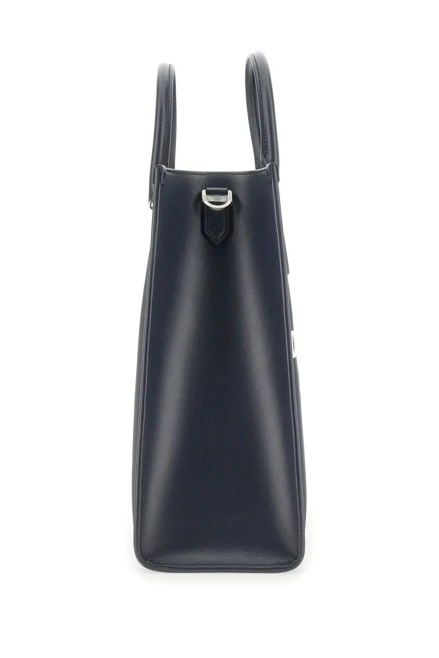 Dolce &amp; Gabbana men’s large navy blue leather tote bag with silver-toned metal hardware for shopping use