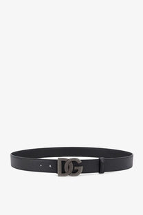 Dolce &amp; Gabbana men’s black leather belt with silver-toned dg buckle adorned with sparkling stones