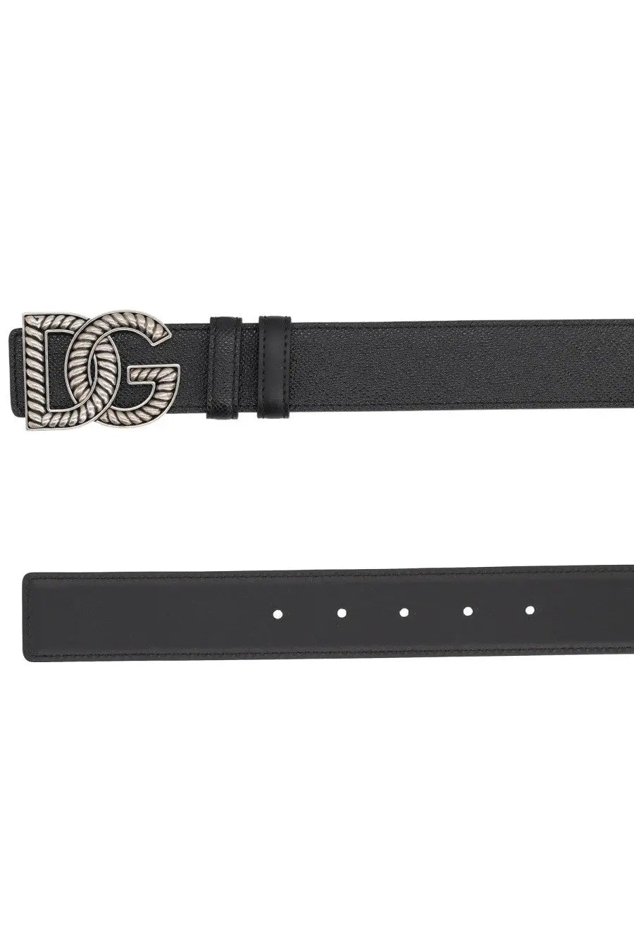 Dolce &amp; Gabbana men’s black leather belt with a silver-toned dg logo buckle featuring rope-like texture