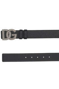 Dolce &amp; Gabbana men’s black leather belt with a silver-toned dg logo buckle featuring rope-like texture