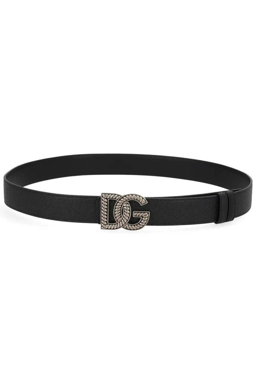 Dolce &amp; Gabbana men’s black leather belt with a silver-toned dg logo buckle featuring intricate rope texture