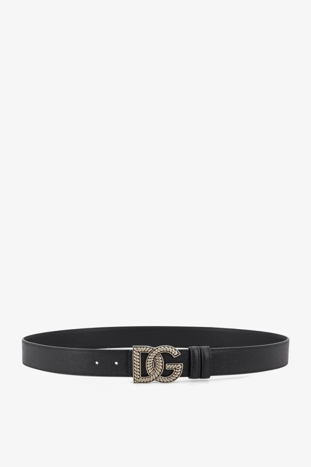 Dolce &amp; Gabbana men’s black leather belt with a silver-toned rope-textured dg buckle
