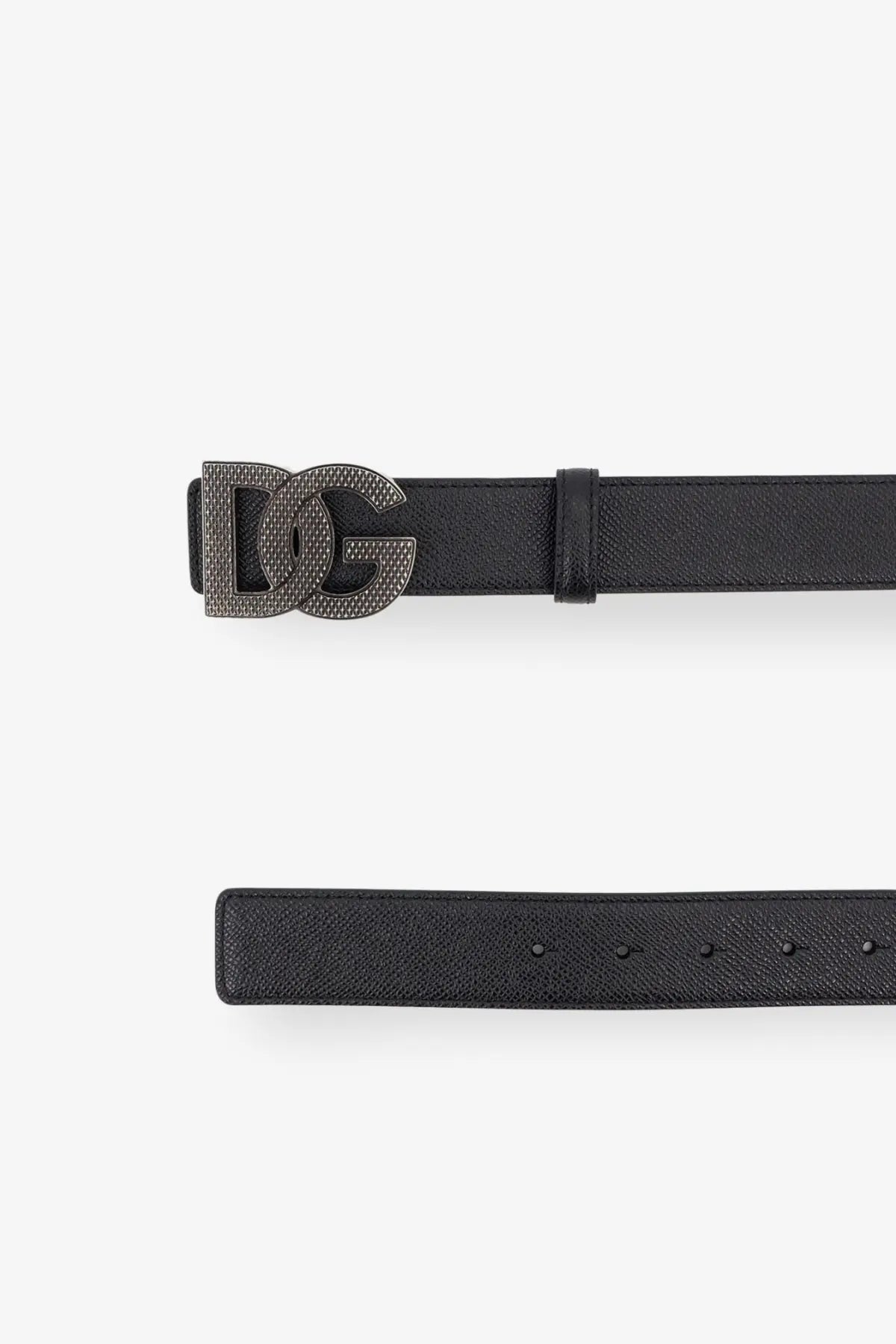 Dolce &amp; Gabbana men’s black leather belt with textured silver-toned dg buckle for stylish wear