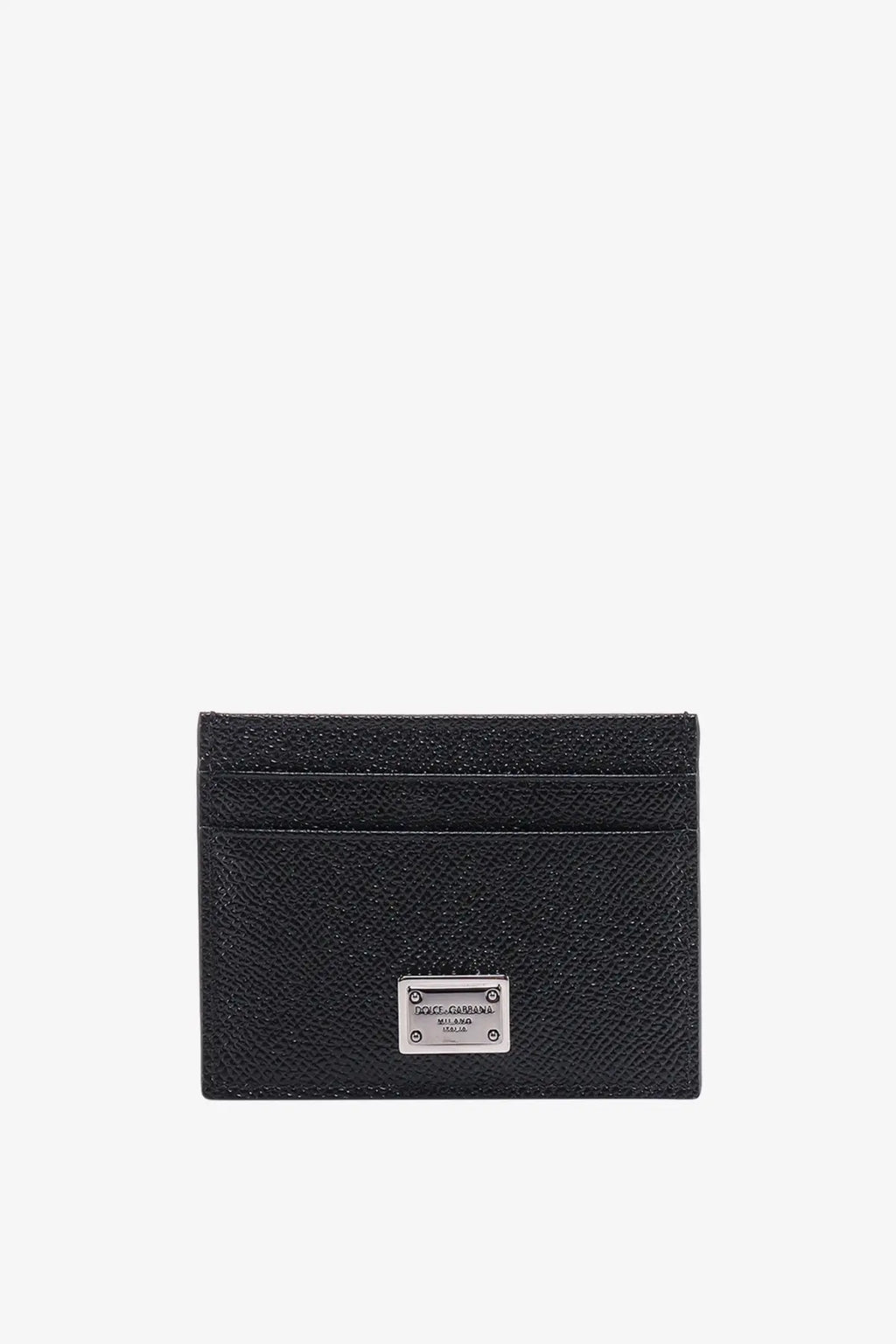 Dolce &amp; Gabbana men’s black leather card holder with textured finish and silver metal logo plaque