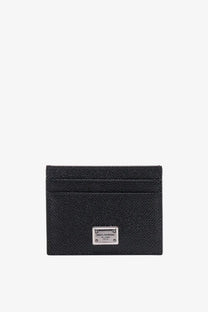 Dolce &amp; Gabbana men’s black leather card holder with textured finish and silver metal logo plaque