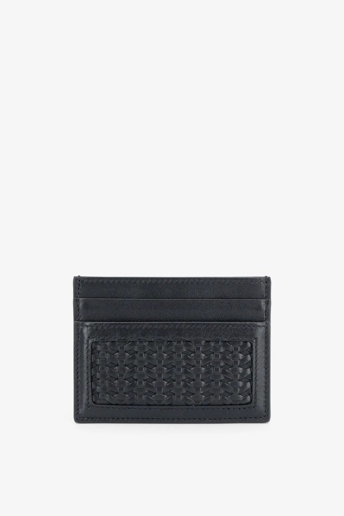 Dolce &amp; Gabbana men’s black leather card holder featuring a woven texture panel for stylish organization