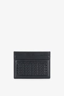 Dolce &amp; Gabbana men’s black leather card holder featuring a woven texture panel for stylish organization
