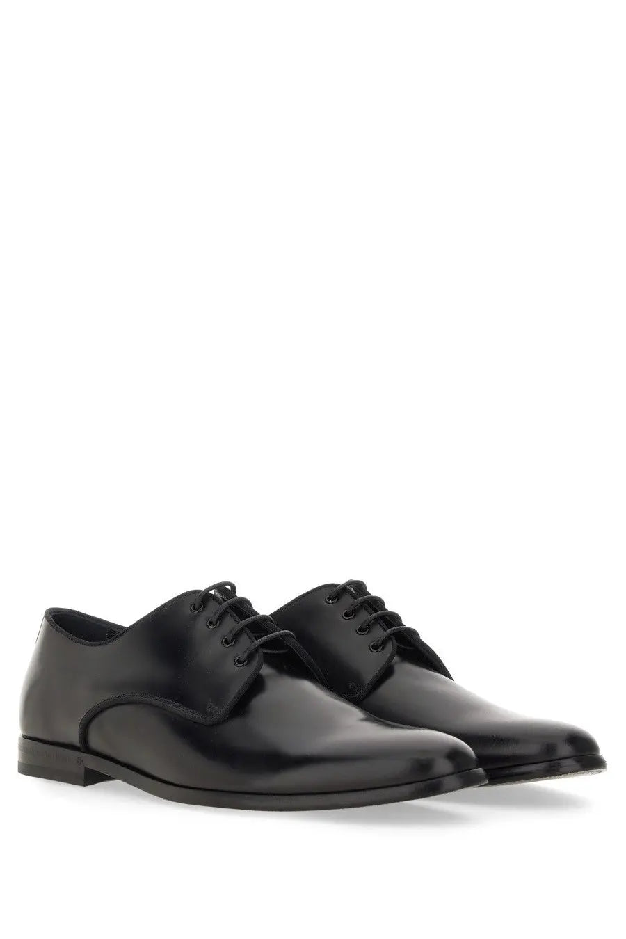 Dolce &amp; Gabbana men’s leather derby black dress shoes with polished finish and classic lace-up design
