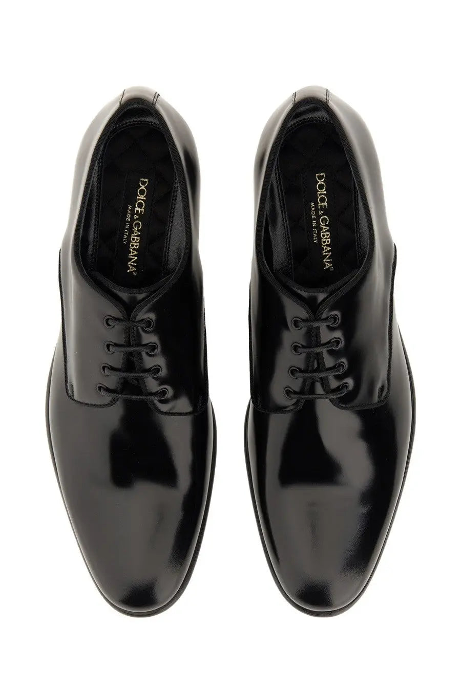 Dolce &amp; Gabbana men’s leather derby black oxford shoes with sleek polished patent leather and classic lace-up design