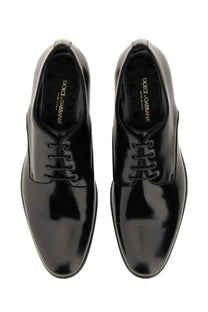 Dolce &amp; Gabbana men’s leather derby black oxford shoes with sleek polished patent leather and classic lace-up design