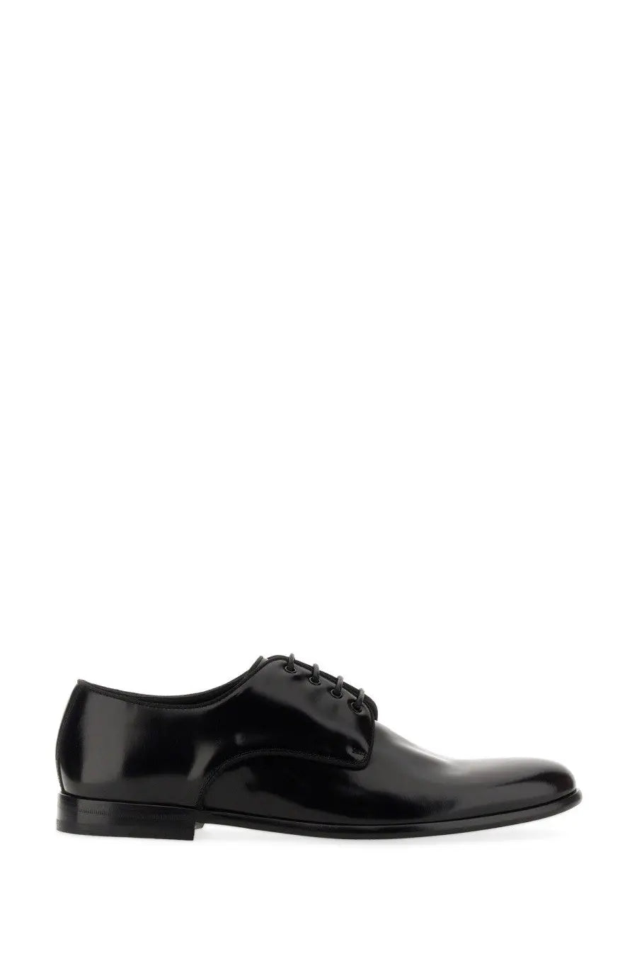 Dolce &amp; Gabbana men’s black leather derby shoe with sleek polished patent leather and classic lace-up design