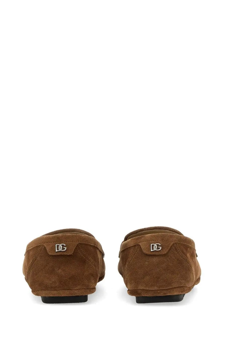 Brown suede dolce and gabbana men’s leather drivers beige loafers showing the back with subtle logo plaque on the heel