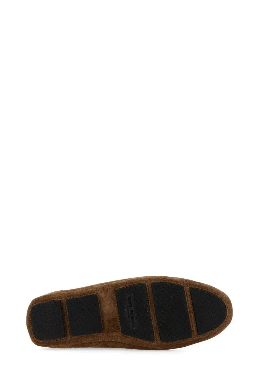 Dolce &amp; Gabbana men’s leather drivers in beige brown suede with black rubber soles and subtle logo on the heel back view