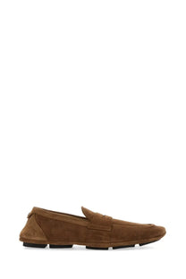 Dolce &amp; Gabbana men’s leather drivers in beige tan suede with classic moccasin design and black rubber sole