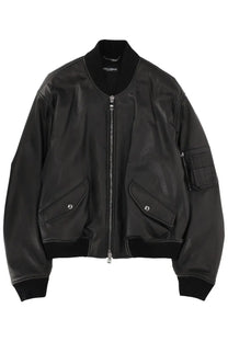 Dolce &amp; Gabbana men’s black leather bomber jacket with ribbed cuffs collar front zipper and slanted pockets