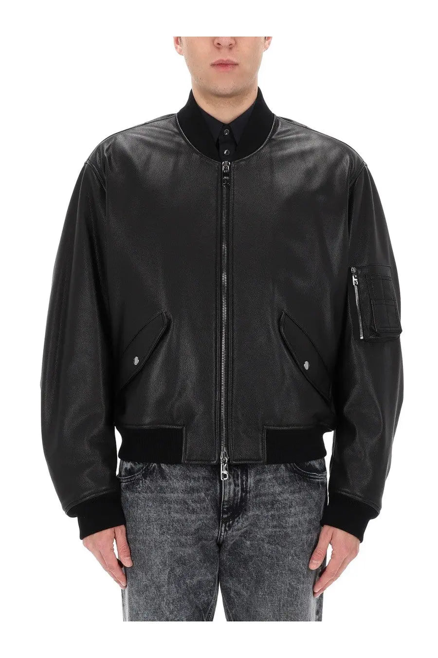 Dolce &amp; gabbana men’s black leather bomber jacket with ribbed cuffs, front zipper, snap pockets, and sleeve zipper pocket