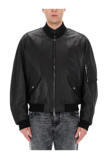 Dolce &amp; gabbana men’s black leather bomber jacket with ribbed cuffs, front zipper, snap pockets, and sleeve zipper pocket