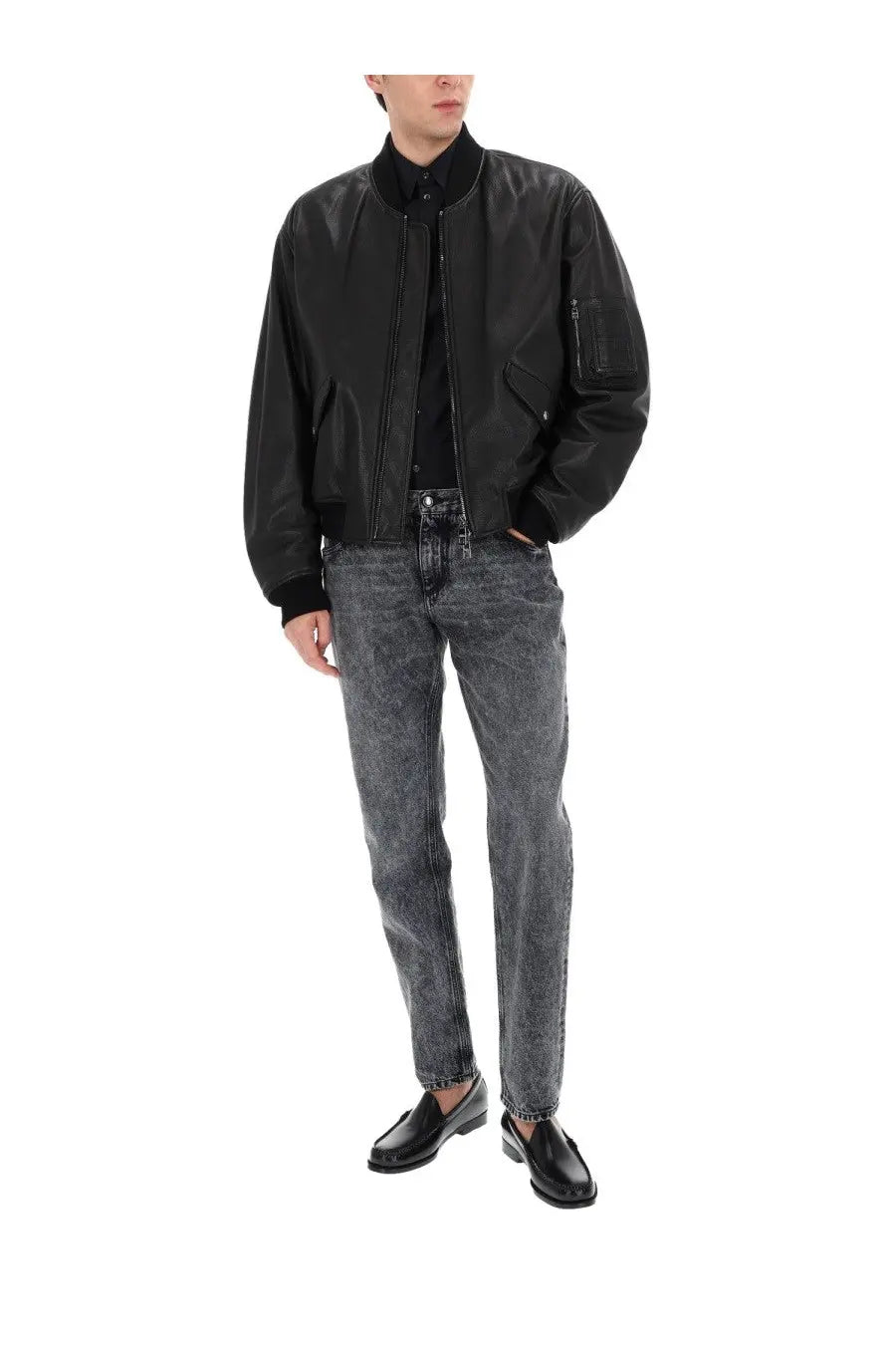 Dolce &amp; Gabbana men’s black leather bomber jacket with ribbed cuffs and collar
