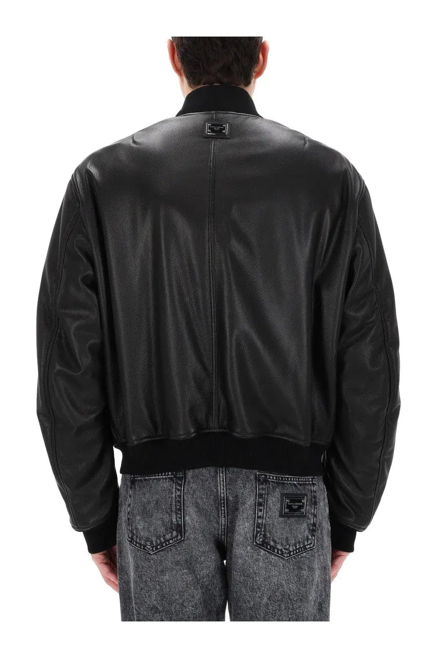 Dolce &amp; Gabbana men’s black leather bomber jacket with matte finish and contrasting ribbed cuffs and waistband