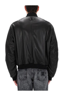 Dolce &amp; Gabbana men’s black leather bomber jacket with matte finish and contrasting ribbed cuffs and waistband