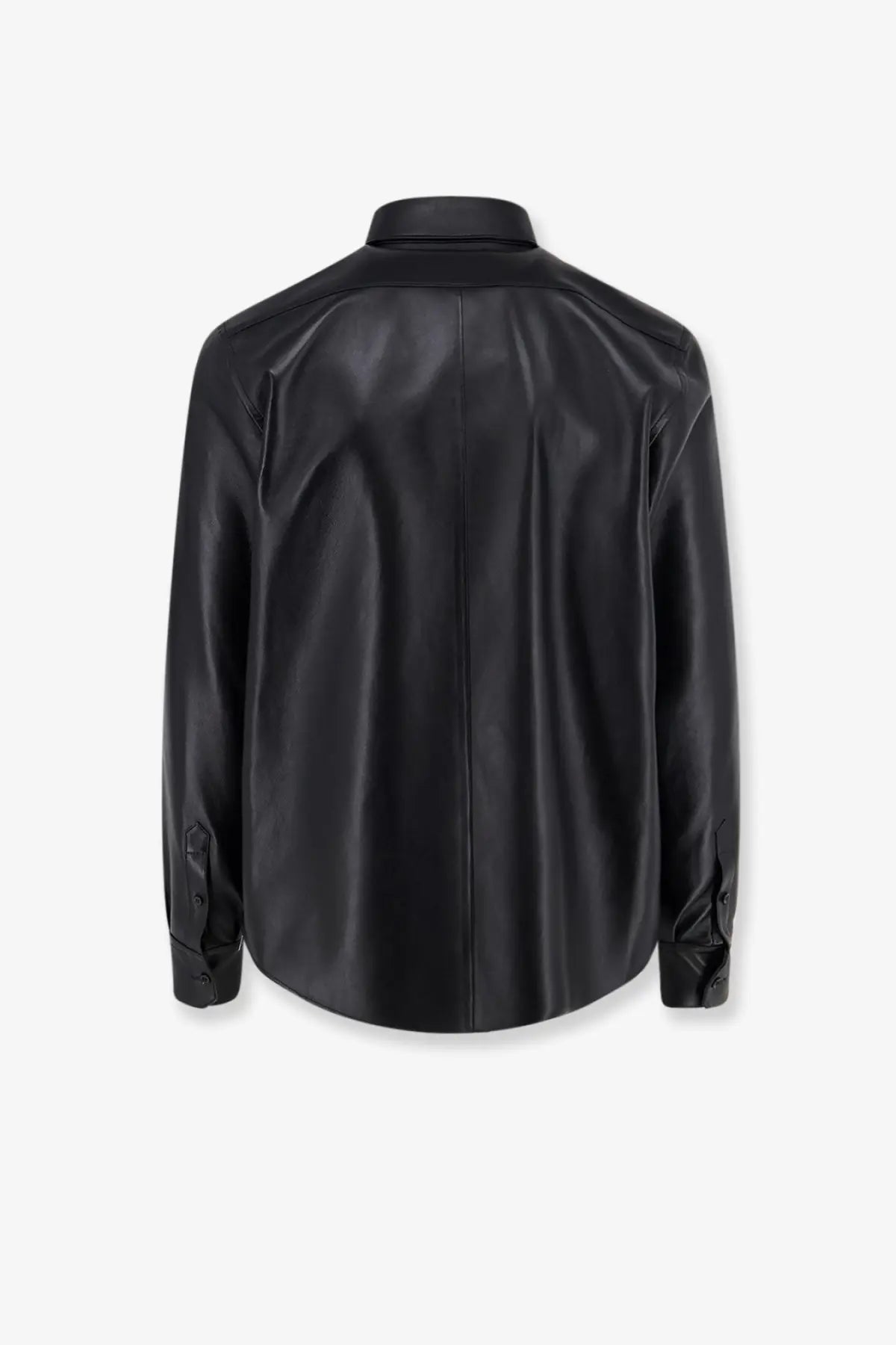 Dolce and gabbana men’s black faux leather button-up shirt jacket with sleek glossy finish and classic collar