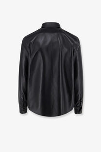 Dolce and gabbana men’s black faux leather button-up shirt jacket with sleek glossy finish and classic collar