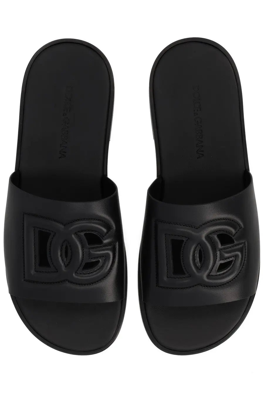 Dolce &amp; Gabbana men’s black leather slide sandals with glossy finish and embossed DG logo on top