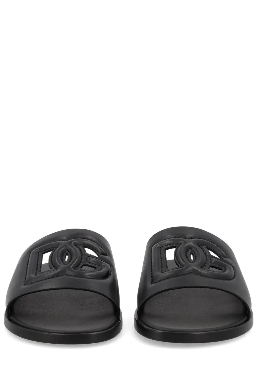 Dolce &amp; Gabbana men’s black leather slide sandals with glossy finish and embossed logo