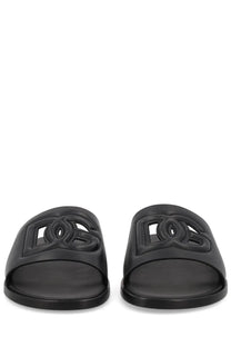 Dolce &amp; Gabbana men’s black leather slide sandals with glossy finish and embossed logo