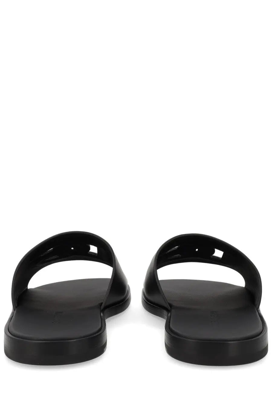 Dolce &amp; Gabbana men’s black leather slide sandals with minimalist design and smooth glossy finish