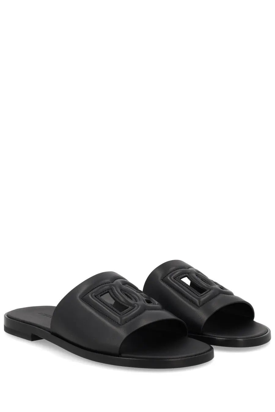 Dolce &amp; Gabbana men’s black leather slide sandals with prominent embossed logo on the strap