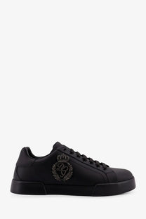Dolce &amp; Gabbana men’s black leather low-top sneaker with sparkling embroidered crown and laurel wreath logo on the side