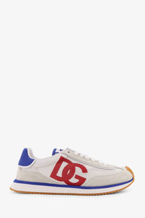 Dolce &amp; Gabbana men’s white leather sneakers with blue accents and a bold red dg logo on the side