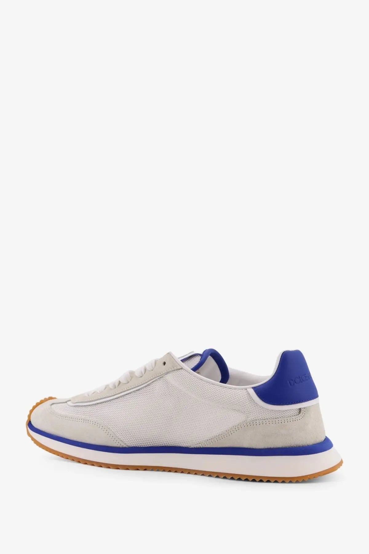 Dolce &amp; Gabbana men’s white leather sneakers with light gray suede and mesh, featuring bold royal blue accents