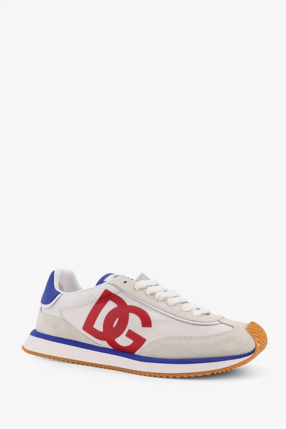 Dolce &amp; Gabbana men’s leather sneakers in white with mesh and suede, red dg logo, blue accents, and tan rubber outsole