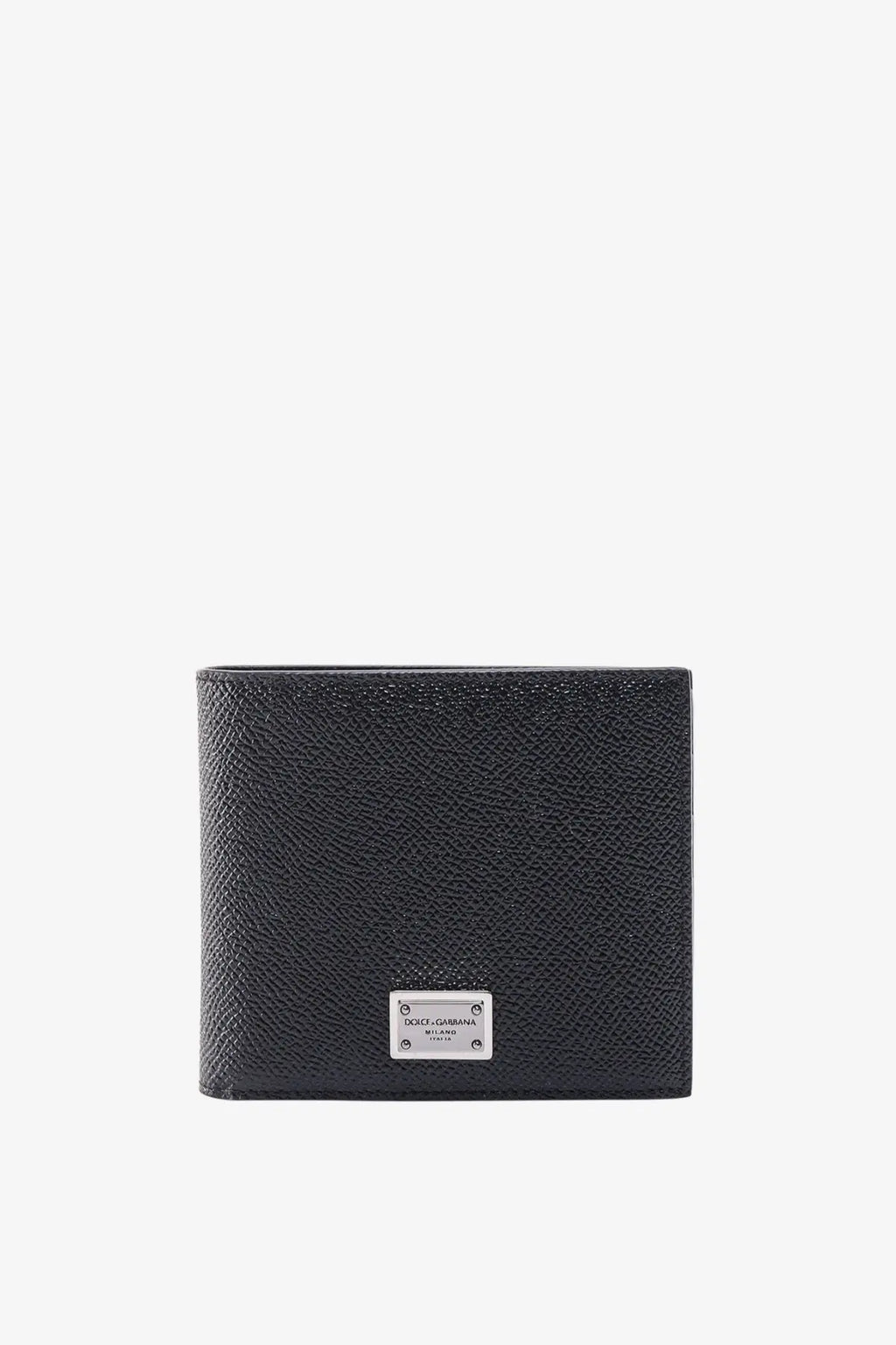 Black textured leather Dolce &amp; Gabbana men’s wallet with silver metal logo plaque visible on front side