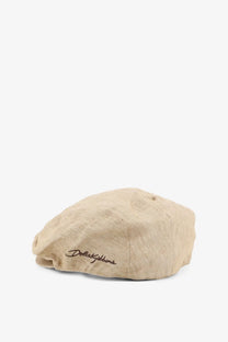 Beige linen men’s flat cap with embroidered dolce &amp; gabbana logo suitable for stylish casual wear