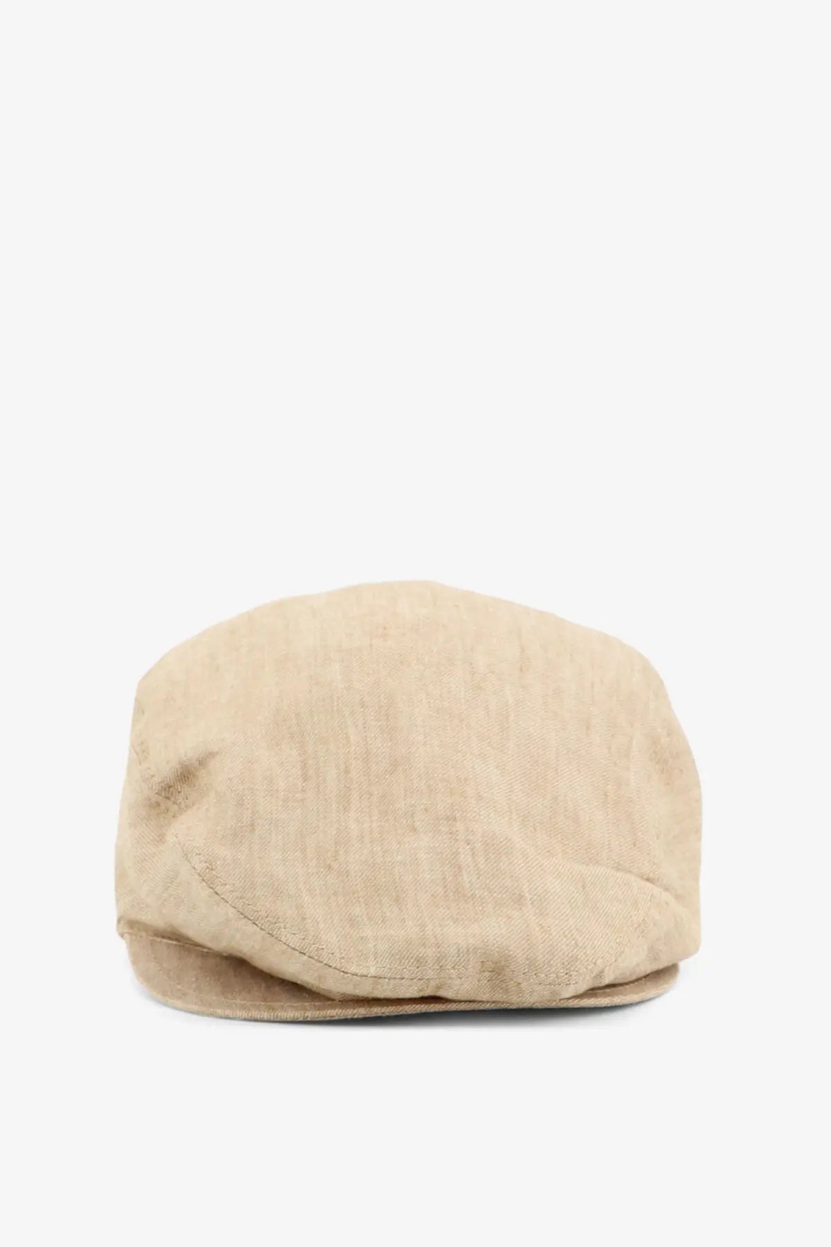 Dolce &amp; Gabbana men’s beige linen flat cap with structured slightly wrinkled texture and visible stitching on the brim