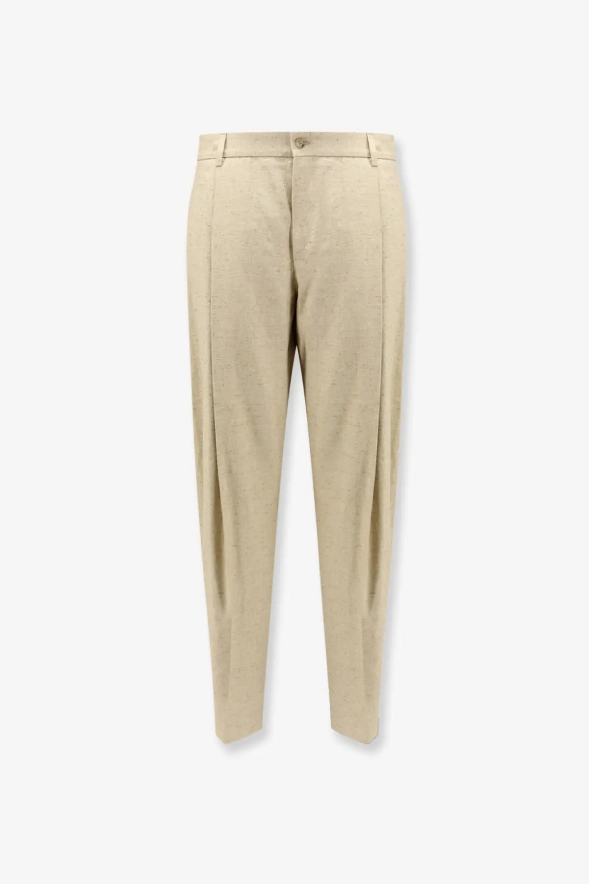 Beige dolce &amp; gabbana men’s linen and silk pleated trousers with subtle textured weave and classic button closure