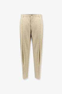 Beige dolce &amp; gabbana men’s linen and silk pleated trousers with subtle textured weave and classic button closure